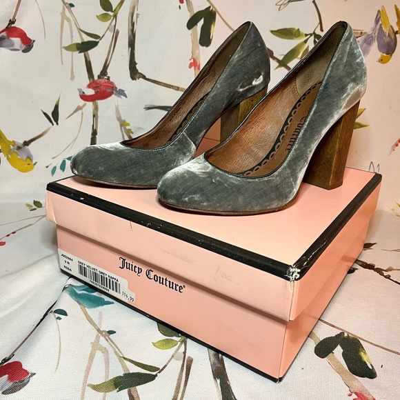 Juicy Couture Shoes - Grey velvet, round toe, wooden heel pump by Juicy Couture w box (nearly vintage)